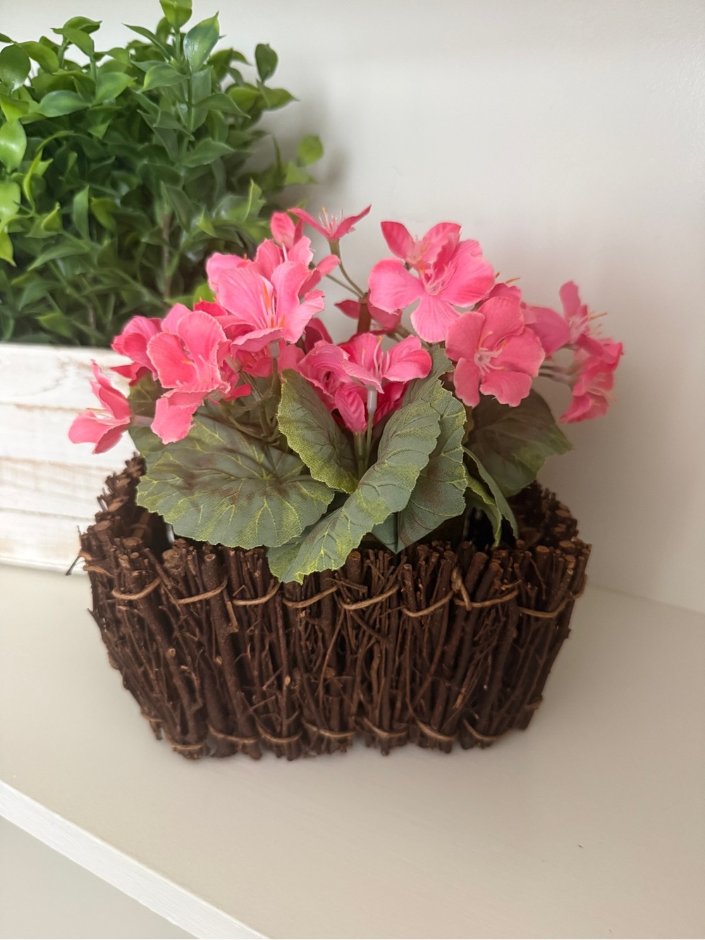 A.T. Imports Faux Pink Geranium Floral Arrangement Twig Basket Cottagecore